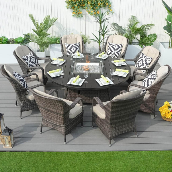 Wicker's 8 Seats Round Fire Pit Set with Aluminium Tabletop & Rattan Chairs