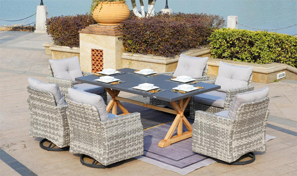 Patio Dining Table Set Aluminum Table with 6 Swivel Chairs in Gray